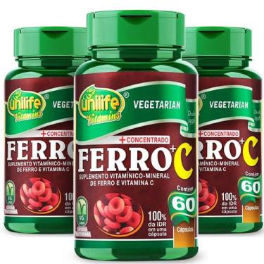 Imagem de Kit 3 Ferro C/ Vitamina C 60 Caps De 500 Mg Unilife