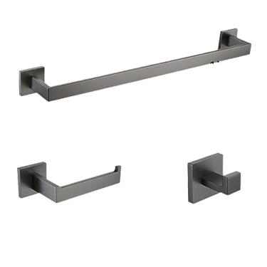 Imagem de Armário de banheiro de aço inoxidável Gunmetal Toalheiro Suporte para papel higiênico, Escova higiênica, Gancho para roupão Suporte para barra de toalha cinza inoxidável, kit de 60 cm 1 barra 3 peças