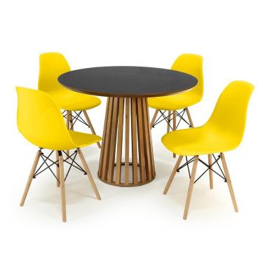 Imagem de Conjunto Mesa de Jantar Redonda Luana Amadeirada Preta 100cm com 4 Cadeiras Eames Eiffel - Amarelo