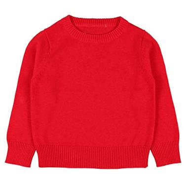 Imagem de Blusa de manga curta para meninas meninos cor sólida pulôver básico suéter de malha feminino suéter de algodão floral camisas de manga longa, Vermelho, 3-4Years