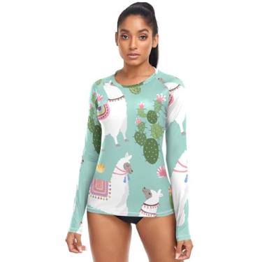 Imagem de Alpaca Summer Tropical Cactus Camiseta de banho feminina Rash Guard de secagem rápida FPS 50+, Cacto tropical de verão alpaca, G
