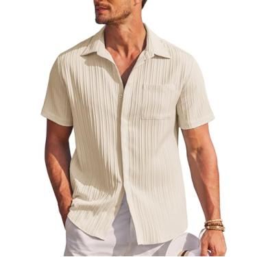 Imagem de COOFANDY Camisas masculinas casuais de manga curta com botões na moda texturizada verão praia camisa, Bege, 3G