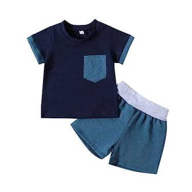 Imagem de Conjunto de roupas infantis para meninos, manga curta, patchwork, algodão, gola redonda, shorts infantis para casa (azul, 2 a 3 anos)