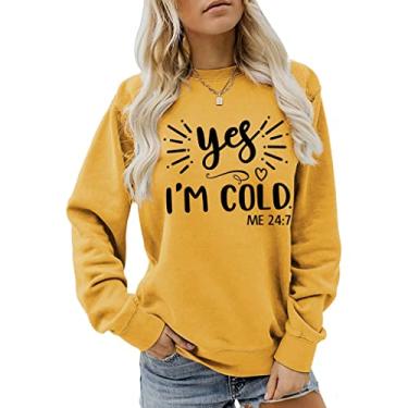 Imagem de ljhnba Moletom feminino de gola redonda fofo coração Yes Cold Me 24:7 estampado camiseta manga longa casual pulôver top streetwear, Suéter amarelo preto, Large-X-Large