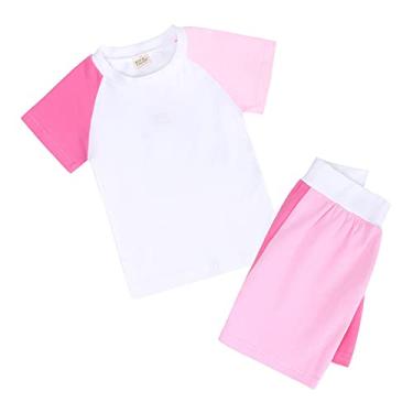 Imagem de Metaxas Camiseta infantil unissex de verão para bebê, 2 peças, patchwork, algodão, 2 peças, roupas de dormir, Rosa choque, 13-14 Anos