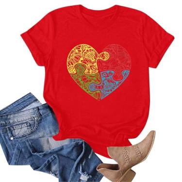 Imagem de Camisetas femininas de conscientização sobre autismo "Be Kind Kindness" com fita de conscientização com suporte para professores de educação especial, D1#_vermelho, P