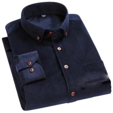Imagem de BoShiNuo Camisa masculina primavera/outono veludo cotelê manga longa lisa confortável roupas casuais camisa masculina plus size, 651 azul-marinho, GG