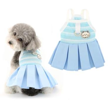 Imagem de Ranphy Vestido para cães pequenos listrado roupas para cães com saia plissada primavera verão colete esportivo chihuahua yorkie traje gato, azul, M