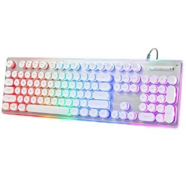 Imagem de ANSWK Teclado estilo máquina de escrever com painel de metal, retroiluminado por LED arco-íris, teclas redondas, anti-fantasma, resistente a derramamentos, luz USB com fio, retrô, 104 teclas para