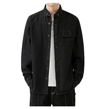 Imagem de Camisetas masculinas de manga comprida slim fit abotoadas cor sólida lapela bolso camiseta jeans macio confortável, Preto, 4G