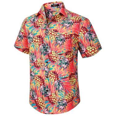 Imagem de Camisa masculina havaiana manga curta floral tropical Aloha camisa casual verão abotoado férias praia camisa com bolso, 17-laranja/abacaxi, P