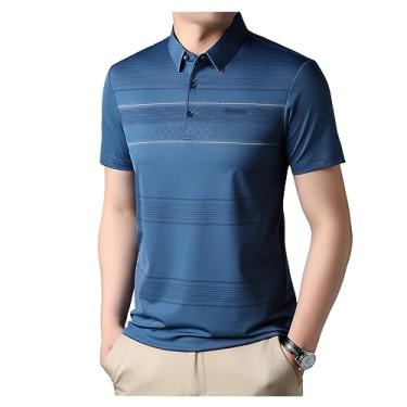 Imagem de Camisa polo masculina de lapela sólida de seda gelo camisas de golfe com botões para trabalho camiseta elástica atlética secagem rápida, Azul, 4G