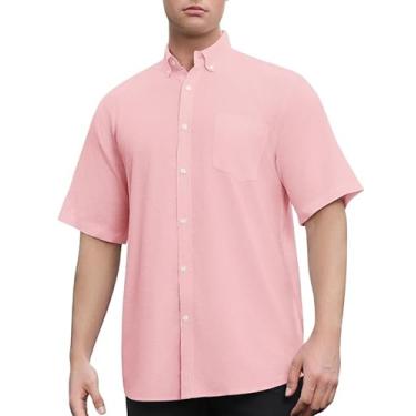 Imagem de Sedyrak Camisa de manga curta masculina de linho de algodão com ajuste regular casual com botão e bolso frontal, Rosa 383, 3G