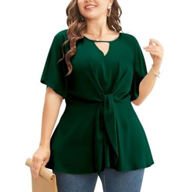 Imagem de Cicy Bell Blusa feminina plus size peplum gola V com laço frontal com babados e manga curta, Verde marinho, XG