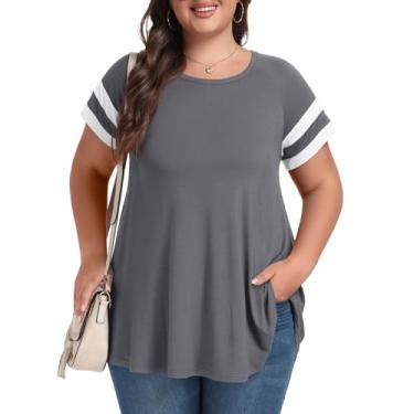 Imagem de LARACE Camiseta feminina plus size túnica básica de verão manga curta casual gola redonda, Cinza escuro/branco, 2X