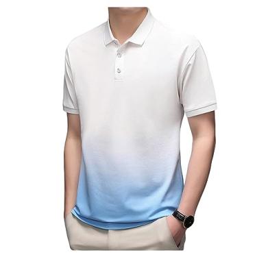 Imagem de Camisa polo masculina dégradé seda gelo manga curta negócios lapela botão cor sólida goout, Azul, XXG
