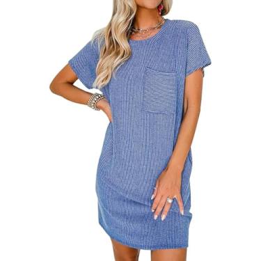 Imagem de Apvirdy Vestidos para mulheres 2024 casual manga curta gola redonda verão mini camiseta de malha canelada vestido curto com bolsos, P-2GG, Azul, XXG