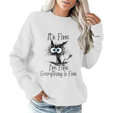 Imagem de It's Fine I'm Fine Everything Is Fine Moletom engraçado com estampa de gato, camiseta feminina de manga comprida, Fnw0002-branco, G