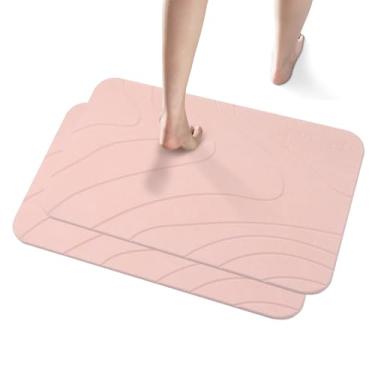 Imagem de Pacote com 2 tapetes de chuveiro de terra de diatomáceas, tapete de banho de pedra, tapete de banho rígido antiderrapante super absorvente de secagem rápida para piso de chuveiro, 60 x 39 cm, rosa