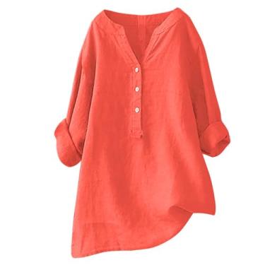 Imagem de Howstar Blusa feminina de verão 2024 plus size de linho com botões e gola V, blusa casual e manga curta, Laranja, M