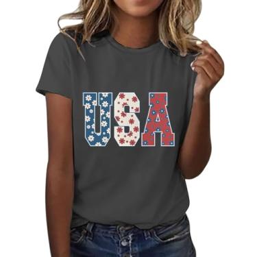 Imagem de Duobla Camisetas femininas de verão 2024 na moda 4 de julho camisetas com estampa de laço de cereja com coração fofo camiseta com letras engraçadas roupas modernas, A-4-cinza escuro, P