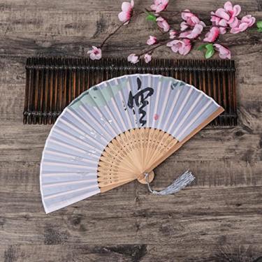 Imagem de YQHWLKJ Ventilador dobrável estilo chinês vintage, ventiladores de mão de pano de bambu, decoração de casa, presentes de casamento, festa de dança, ventiladores portáteis