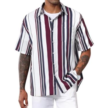 Imagem de YKR Camisas masculinas listradas de manga curta casual verão havaiana camisas de praia para homens, Vermelho vinho listrado, M
