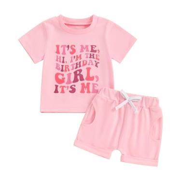 Imagem de Camiseta de manga curta com estampa de menina de aniversário de bebê, shorts elásticos, roupa de princesa de verão, 2 peças, Rosa 2, 18-24 Meses