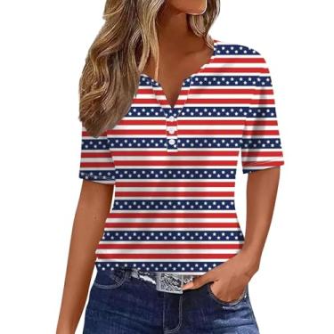Imagem de Camisetas femininas EUA 4th of July Tops Star listrado gráfico patriótico camisetas verão blusas soltas casuais, Azul escuro, G