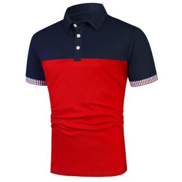 Imagem de GORGLITTER Camisa polo masculina Color Block Tennis Trim xadrez manga curta trabalho camiseta, Azul e vermelho, GG