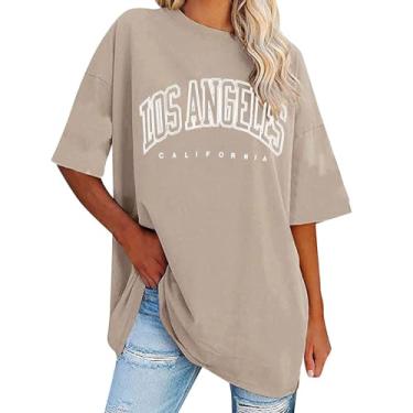 Imagem de Camisetas femininas grandes com estampa gradiente Los Angeles Y2k para sair, manga curta, ombro caído, verão casual, Bege, M