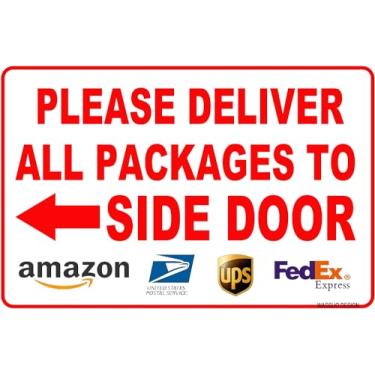 Imagem de WAGSUO Placa de metal de estanho 30,5 x 20,32 cm, entregue todos os pacotes na porta lateral, seta para a esquerda, composto de alumínio, ao ar livre, para entrega em casa, placas personalizadas para