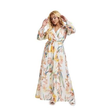 Imagem de lvenzse Vestido maxi feminino boho chiffon estampado floral decote em V vestidos longos, Chiffon-amarelo, XXG