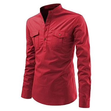 Imagem de Camiseta masculina leve estampada de algodão para praia lisa solta manga curta bolso camisa casual simples, Vermelho, XGG