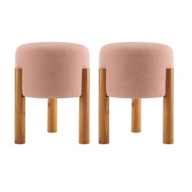 Imagem de Kit 2 Puff Redondo Estofado com Pés em Madeira Banqueta Elegante (ROSE)