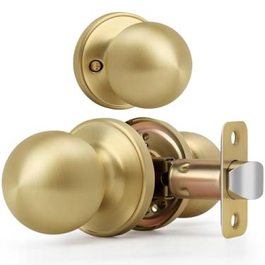 Imagem de LOQRON Maçaneta de porta com design de esfera dourada escovada, sem trava, formato redondo, sem trava, para corredor/armário, acabamento em latão acetinado