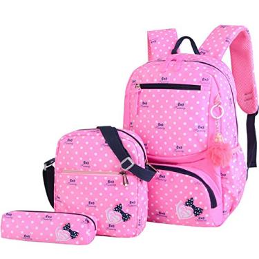 Imagem de 3 pçs/conjunto Mochilas escolares com impressão de pontos Mochilas Mochilas para crianças Mochilas adoráveis ​​para crianças (rosa)