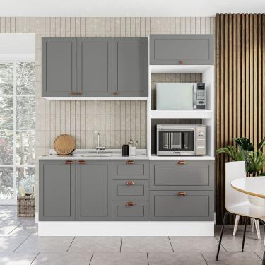 Imagem de Cozinha Pérola com Rodapé Completa 3 Peças Aéreo 3 Portas e Balcão 2 Gavetas 3 Portas e Torre Quente Branco/Cinza