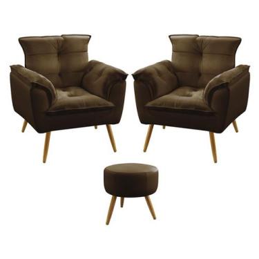 Imagem de Kit 2 Poltronas Decorativas Estofada Beta e Puff Solar Sued Marrom Ara