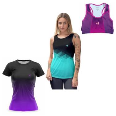 Imagem de Kit Camiseta Academia Feminina UV 50 Regata Cavada Top Cropped Fitness