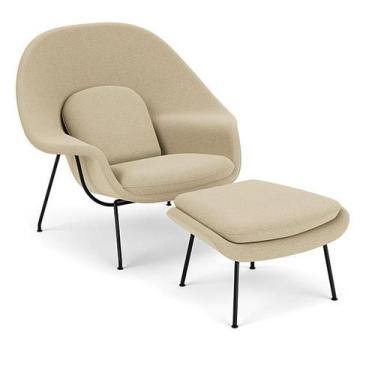 Imagem de Poltrona com Puff Womb Chair Base Preta Bouclê - Decorato Móveis, Bege