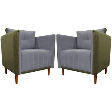 Imagem de Kit 2 Poltronas Decorativas Para Sala e Recepção Aviv Corino Verde e Linho Premium Cinza