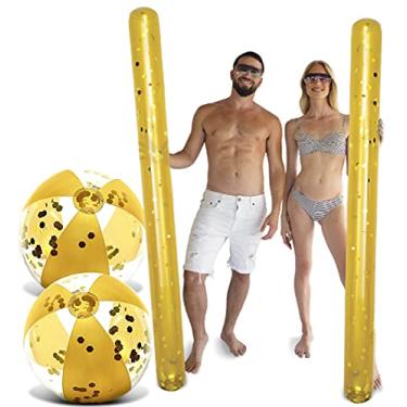 Imagem de POZA Bolas de praia infláveis douradas e macarrão gigante para piscina – Bolas de praia luxuosas premium de 40,64 cm e macarrão flutuante de água de 188 cm preenchidos com confetes dourados brilhantes – Pacote com 4