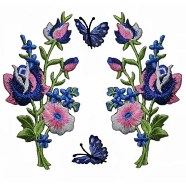 Imagem de Conjunto Lindas rosas azuis buquê de flores com linda borboleta bordada aplique de ferro na costura adesivo faça você mesmo jaquetas mochilas jeans suprimentos de roupas decorativas