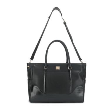 Imagem de HARE & ROSE Bolsa feminina de couro vegano 24/7 Weekender/Global Shopper, bolsa com alça de ombro ajustável, alça superior, Preto, 12.9” x 17” x 6.5”-