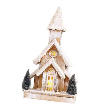 Imagem de Generic Igreja de neve iluminada de madeira de Natal em miniatura 15,7 x 7,5 polegadas Centro de mesa de Natal Ornamento de mesa para vitrine versátil