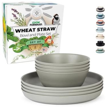 Imagem de Grow Forward Conjuntos de pratos e tigelas de palha de trigo premium - conjuntos de louça de palha de trigo de 8 peças - Pratos de jantar de plástico inquebráveis e reutilizáveis, seguros para