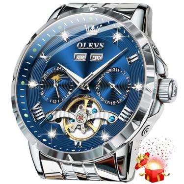Imagem de OLEVS Relógio de pulso masculino automático diamante luxuoso com corda automática, esqueleto, turbilhão, aço inoxidável, fase da lua, relógio de pulso masculino, 6691: azul, Relógio social