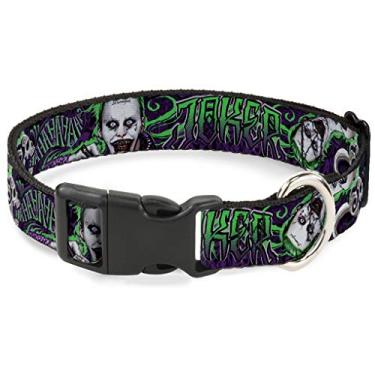 Imagem de Buckle-Down Coleira com clipe de plástico – Tatuagem Coringa do Esquadrão Suicida/2 poses/Hahha Crânio Roxo/Verdes – 2,54 cm de largura – Serve para pescoços de 22,86 a 38,10 cm – Pequena