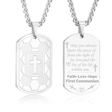 Imagem de Colar de cruz, versículo bíblico, de aço inoxidável, preto/ouro/prata, pingente de cruz religioso, futebol, joias esportivas para homens, meninos e adolescentes com corrente de aço inoxidável 52 + 5